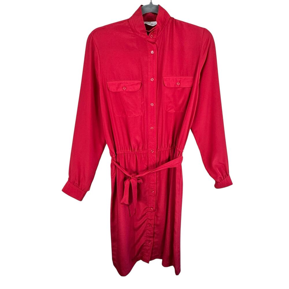The Shapely Dress Co. Vtg Red Long Sleeve‎ Belted Button Up Knee Length Dress 10